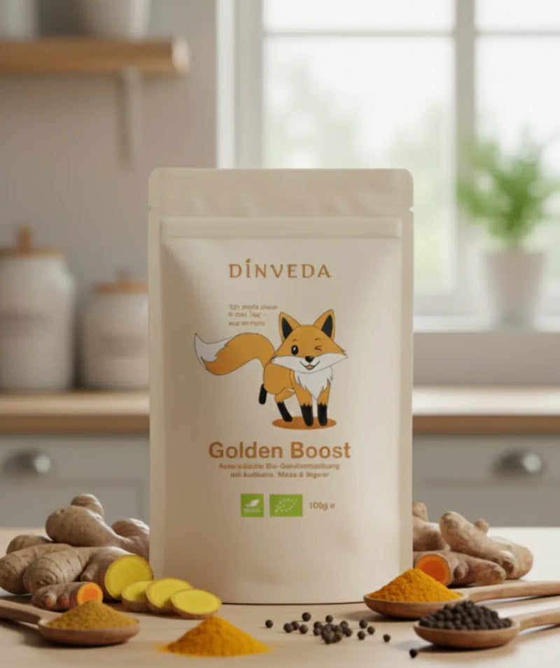 Golden Boost Bio Gewürzmischung mit Kurkuma, Ingwer, Maca, Ceylon-Zimt, Orangenschale, Kardamom und Pfeffer